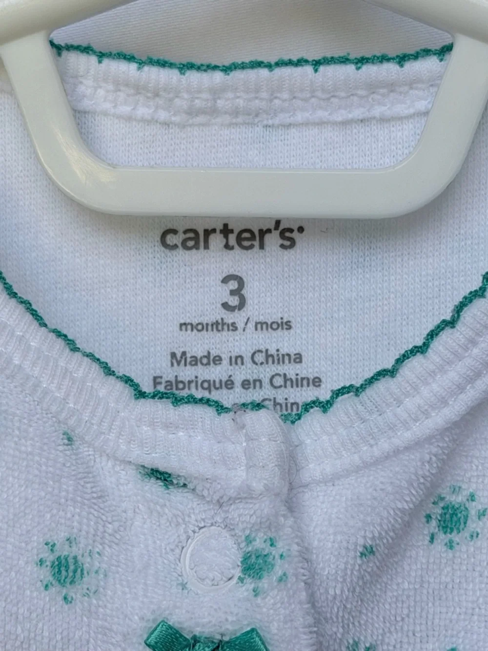 3 MTH Carter's White Footed One-Piece with Teal Star Dots